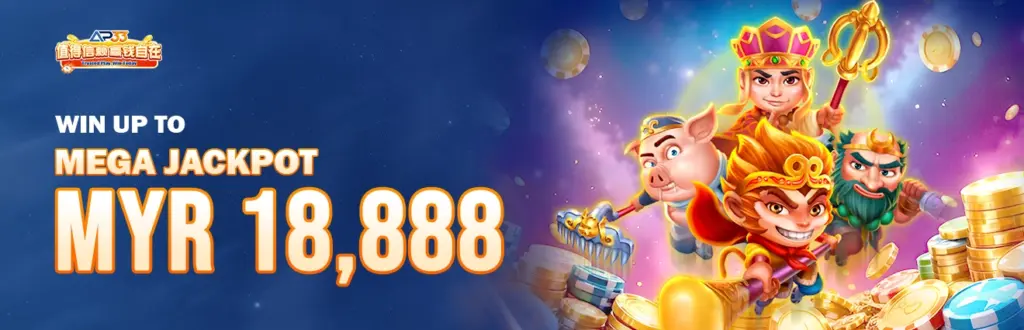 AP33 mega jackpot promotion banner offering MYR 18,888 with cartoon characters and gold coins