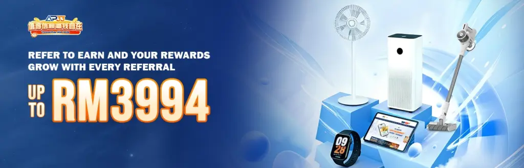 AP33 referral promotion banner offering up to RM3994 rewards with gadgets and home appliances prizes