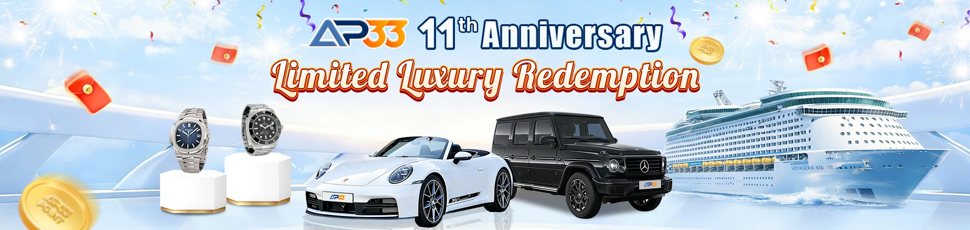 AP33 11th anniversary promotion banner featuring luxury redemption prizes including sports cars, luxury watches, a cruise ship, and a premium SUV.