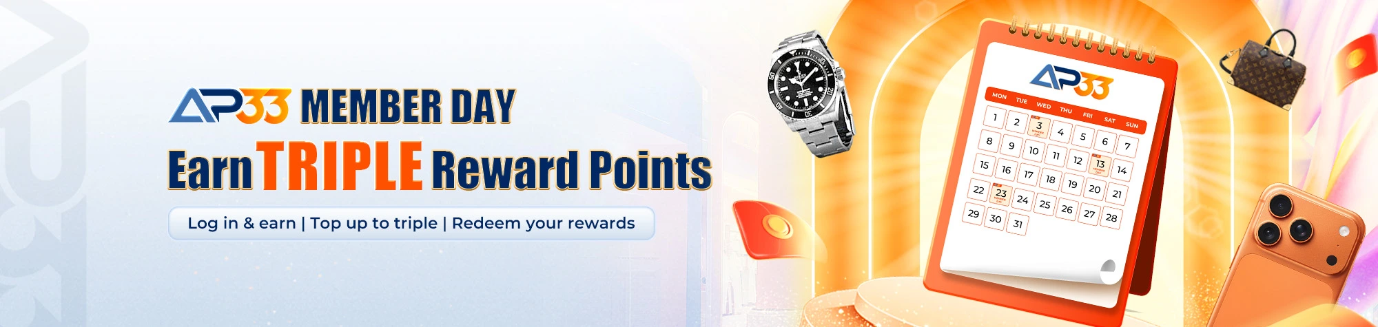 AP33 Member Day promotion banner offering triple reward points, featuring a calendar, luxury watch, smartphone, and exclusive rewards.