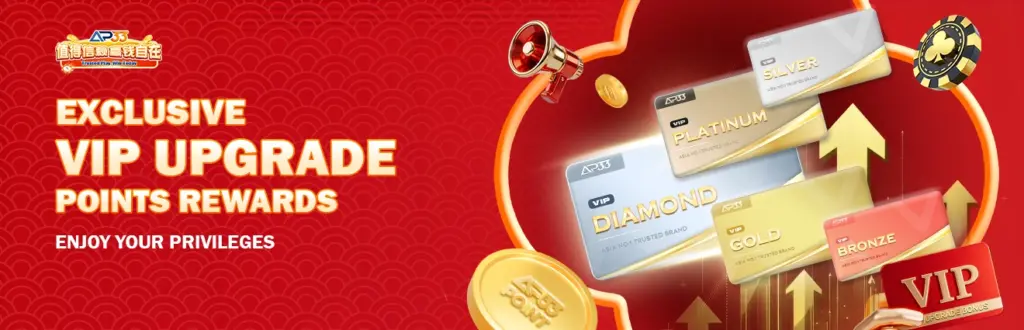 AP33 VIP upgrade promotion banner featuring membership tiers and reward points system